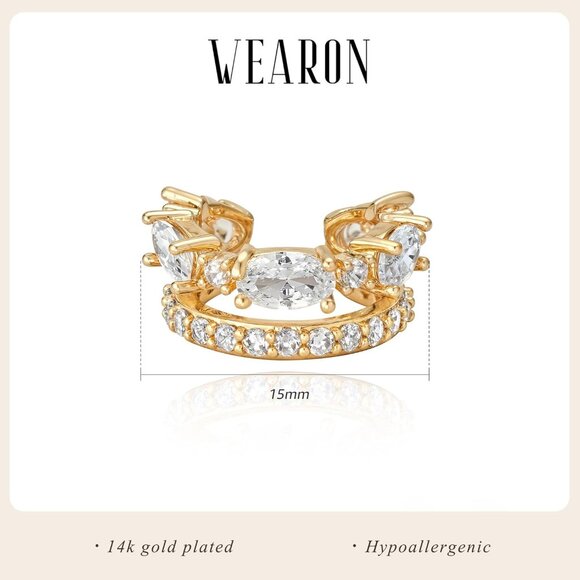 14K Gold Plated White Zircon Diamond Turquoise Cuffs Non Piercing Earrings - Picture 4 of 7